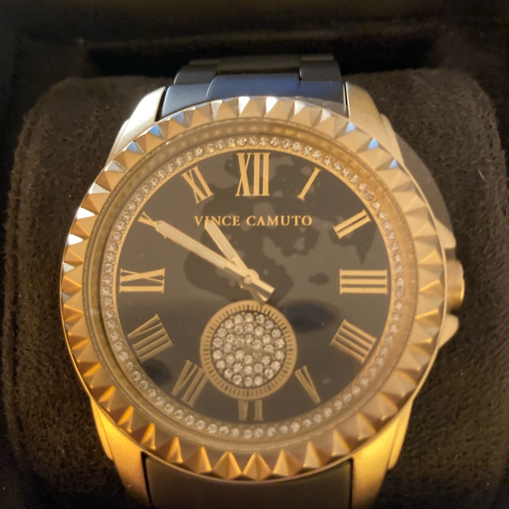 Vince Camuto Gold Tone and Black Women's Crystal Accent Watch